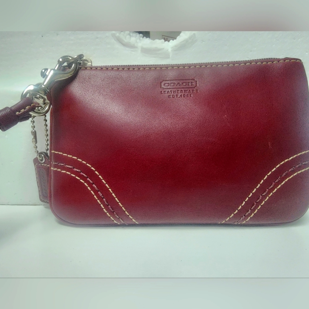 Coach Red Wine Leather Wristlet Small